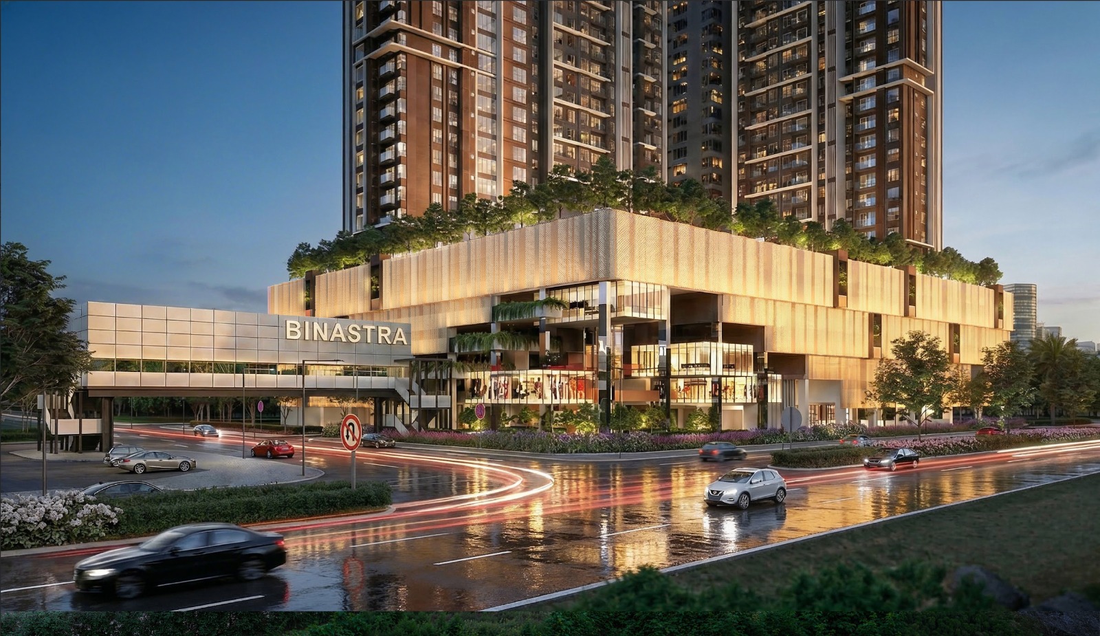 Binastra Cochrane podium retail and street frontage at dusk along Jalan Cochrane, Kuala Lumpur
