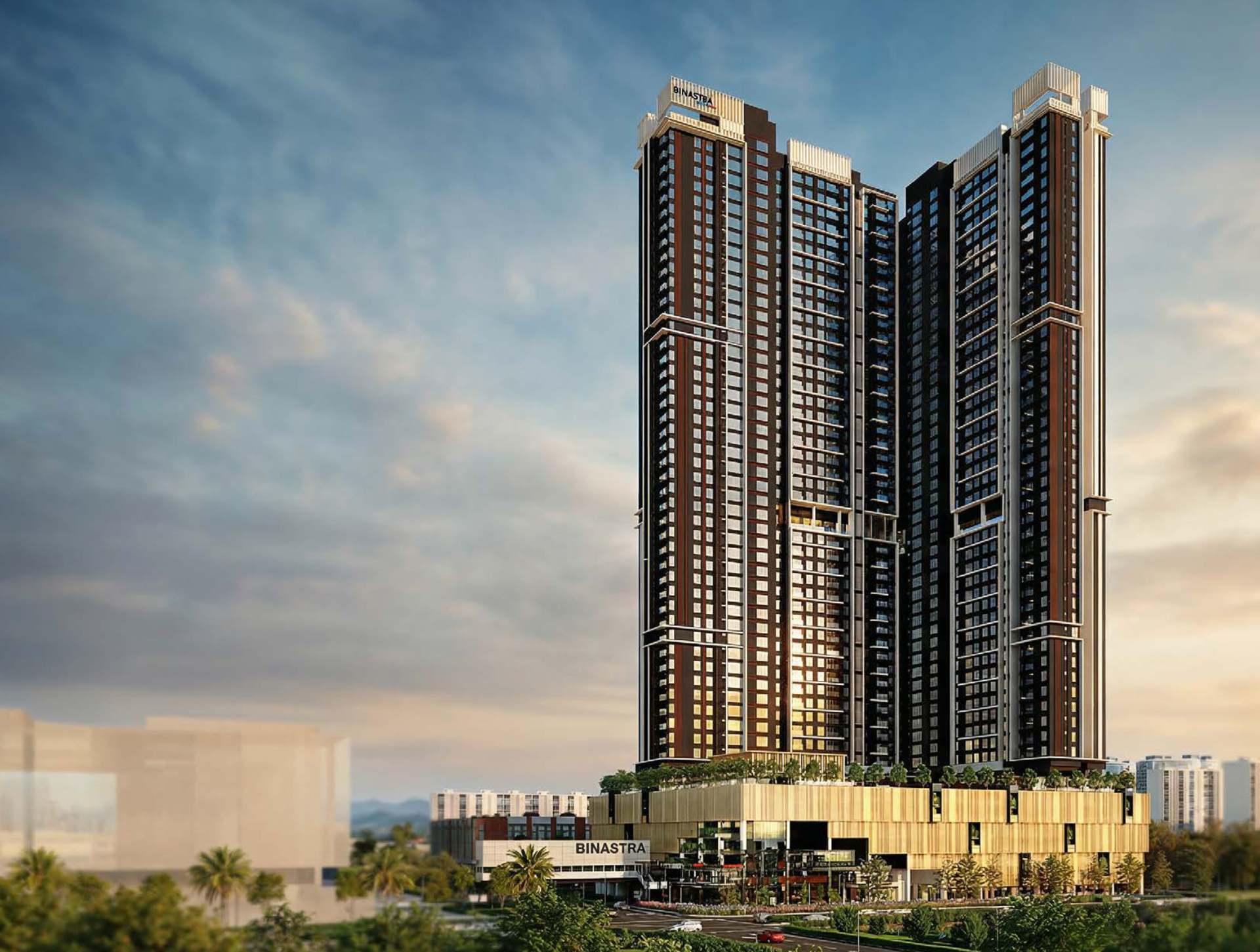 Binastra Cochrane twin towers rising above Jalan Cochrane, Kuala Lumpur